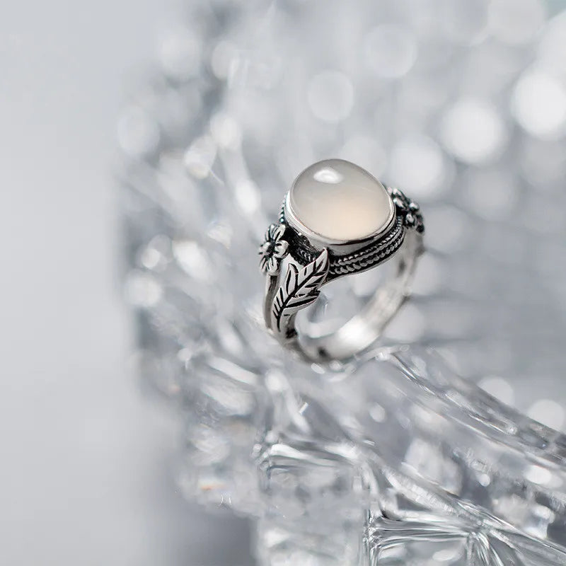 Vintage Thai Silver White Jade Open Ring 925 Sterling Silver Big Stone Flower Leaf Jewelry for Women
