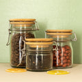 New Design Glass Sealed Jars With Bamboo Clip Lid Low MOQ 200ml Sustainable Storage Bottles for Honey Food Snacks