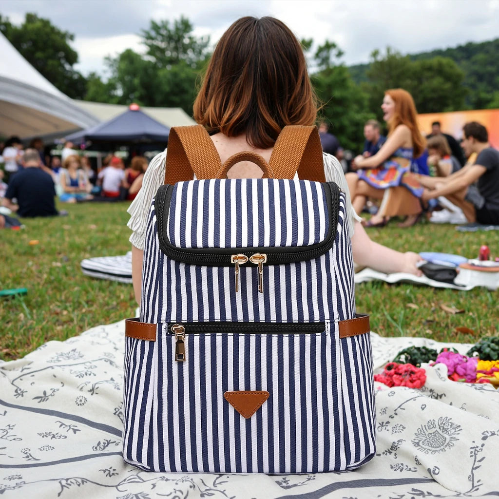 2024 Hot Sale Fashion Striped Women's Backpack Zipper Closure Portable Anti-Theft Customizable Logo Polyester Cotton Shoulder