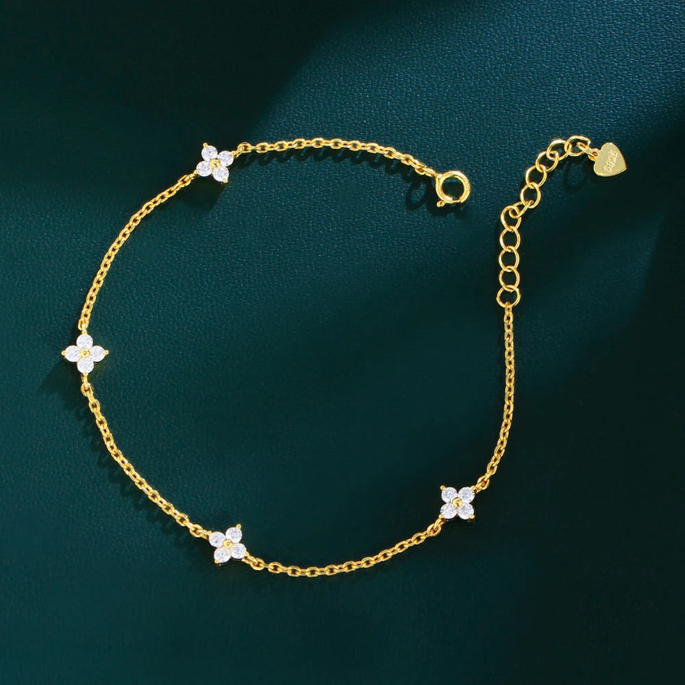 Elegant Design Luxury Jewelry Cubic Zircon Adjustable Chain Link S925 Sterling Silver Flower Shape Charm Bracelet for Women
