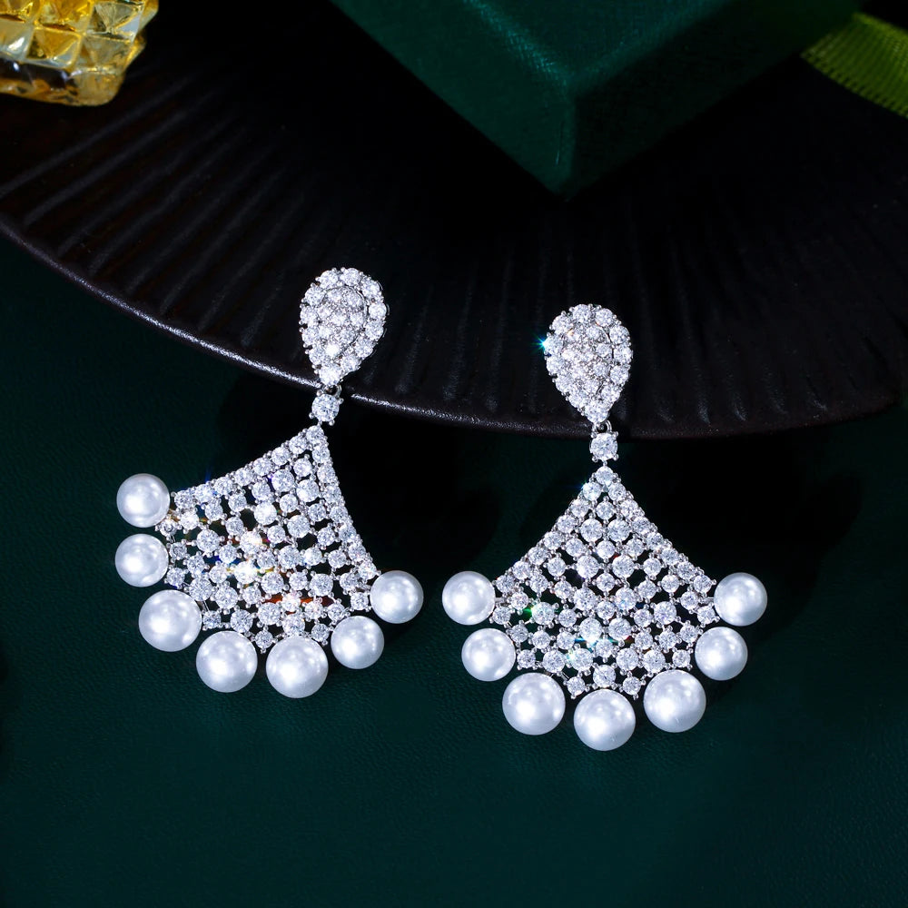Beautiful Cubic Zirconia Paved White Imitation Pearl Bridal Big Drop Earrings for Women Wedding Engagement Dress Accessories