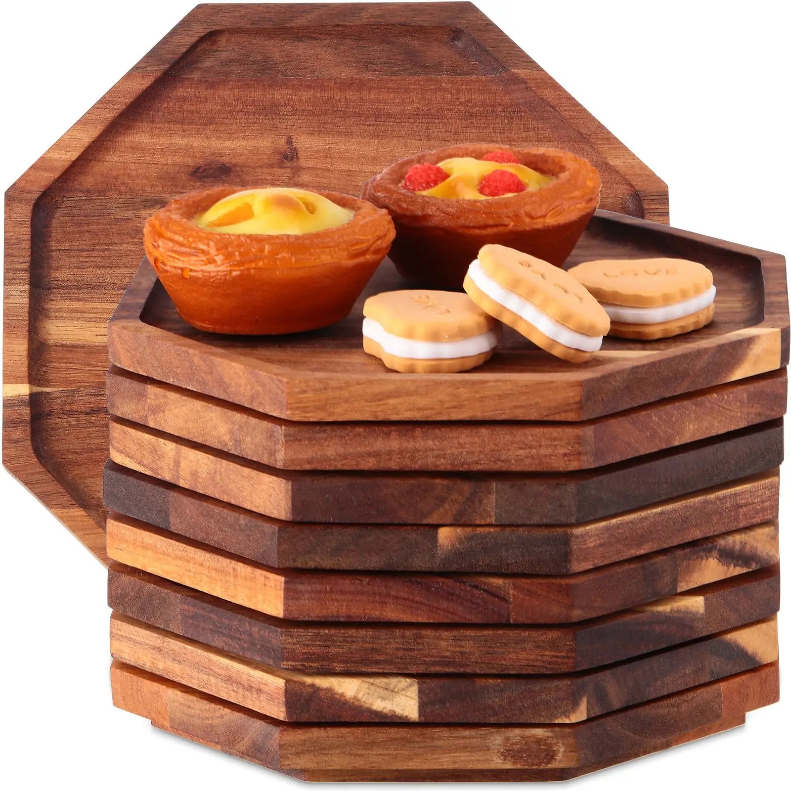 8Pcs Acacia Wooden Octagon Serving Tray Wood Cheese Charcuterie Board Wooden Serving Plates Serving Dishes for Home