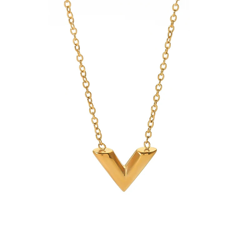 Popular Design 316L Stainless Steel 18K V Drop Pendant Oval Chain Choker Necklace for Women