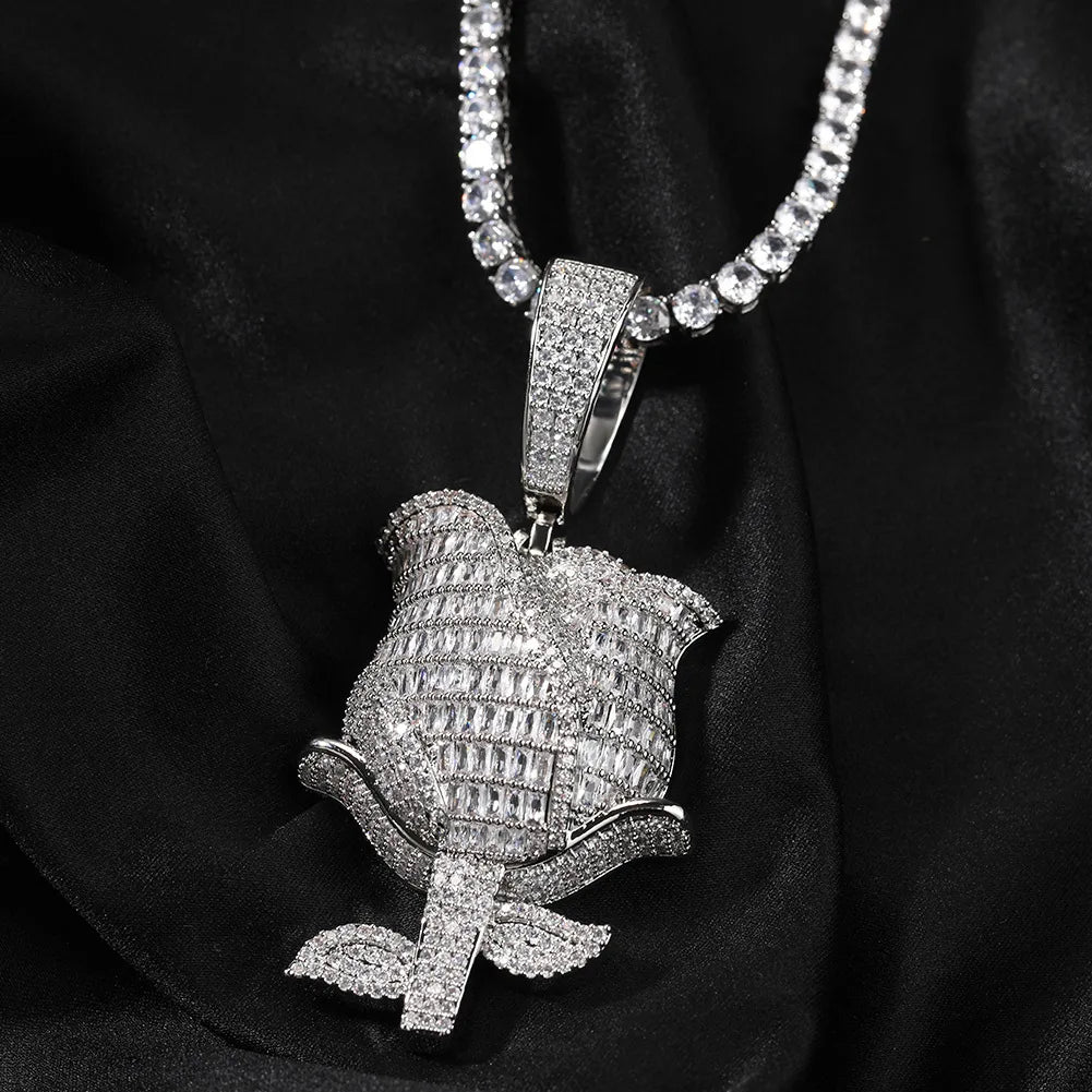 Iced Out Full CZ Diamond Rose Flower Pendant Necklace Women Gift Multiple Color Flower Necklace with Gold Plated