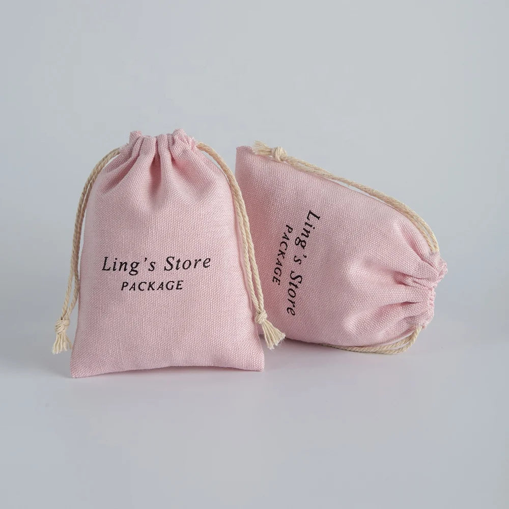 9x12cm Light Orange Reusable Cotton Canvas Drawstring Bag Wedding Gift Packaging Pouch for Jewelry Customizable Logo