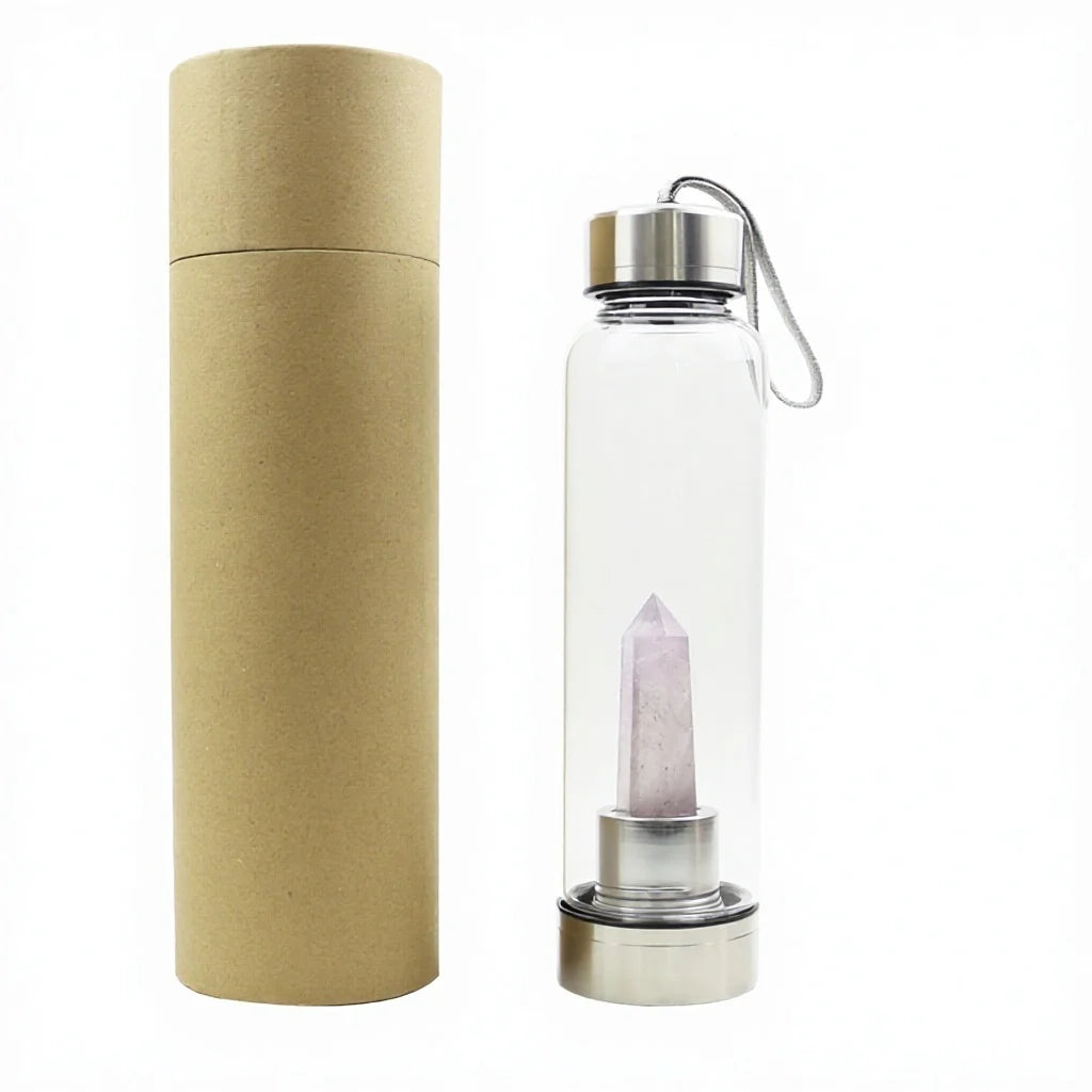 Safety First Unique 550ml Single Wall Custom Logo Borosilicate Glass Crystal Healing Power Water Bottle