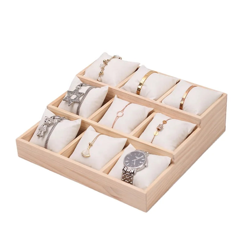 Solid Wood Storage Organizing Rack for Staircase Bracelet Watch Display Silk Pillow Jade Necklace Quality Packaging Printing