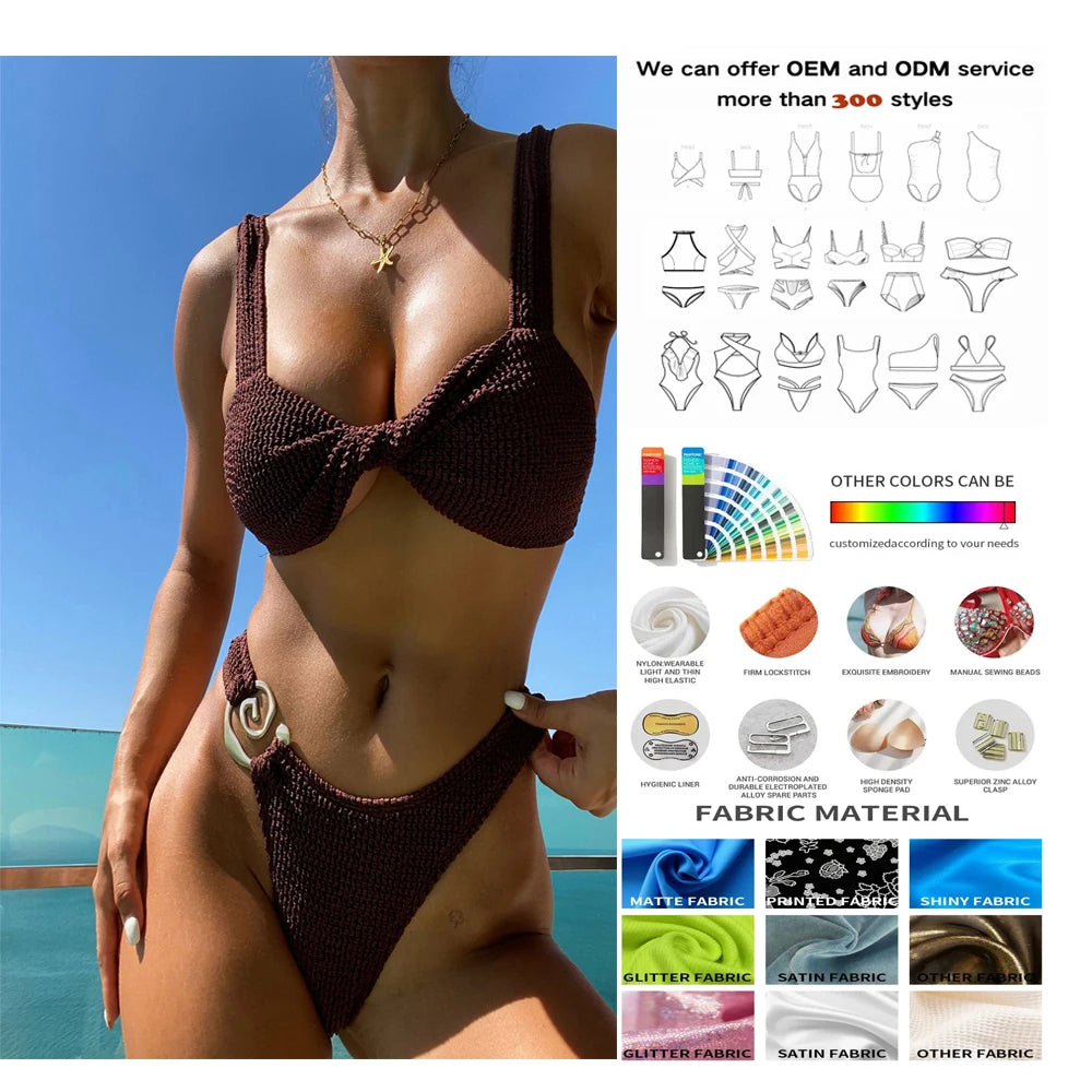 Wholesale Custom Textured Beach Wear 2025 Trend High Waist Crinkle Bikini Sets Brown Wide Strap Swimsuit Designer Swimwear
