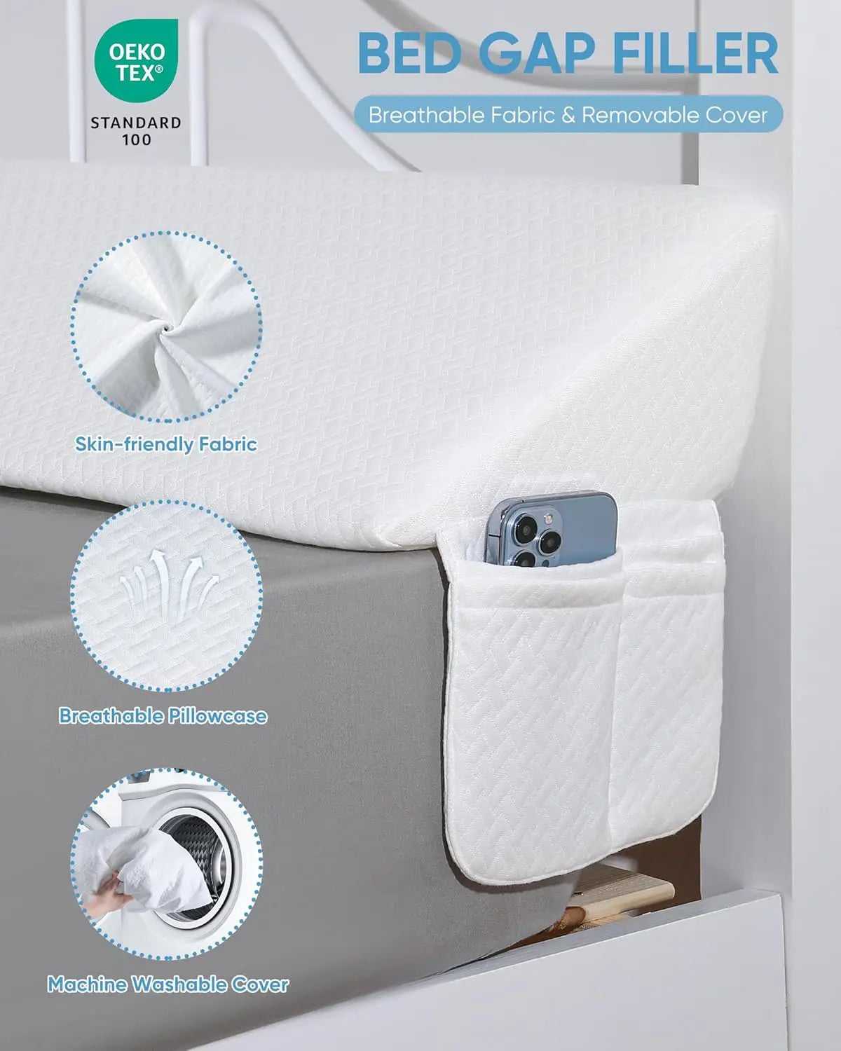 Queen Triangle Wedge Pillow with Memory Foam for Bed Gap Filler and Headboard Support Anti-Snore Mattress Positioner