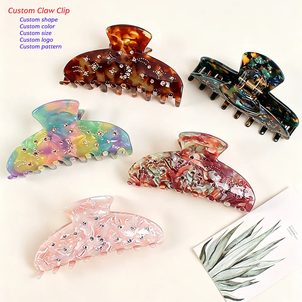 Hot Sales Korean Acetate Hair Claw 9.5cm Large Size Shark Clips Women Fashion Retro Rhinestone Hair Clips