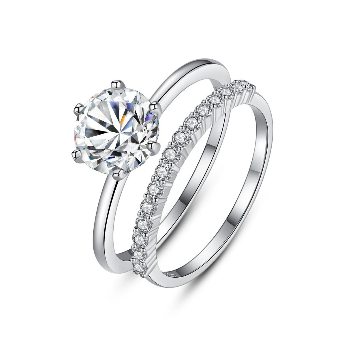 Classic Six-claw Single Diamond Ring Set 925 Sterling Silver Simulation Diamond Stackable Ring 2pcs Set for Engagement Jewelry