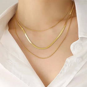 Wholesale 18K PVD Plated Tarnish Free Waterproof Herringbone Chain Three Layer Snake Chain Stainless Steel Necklace for Women