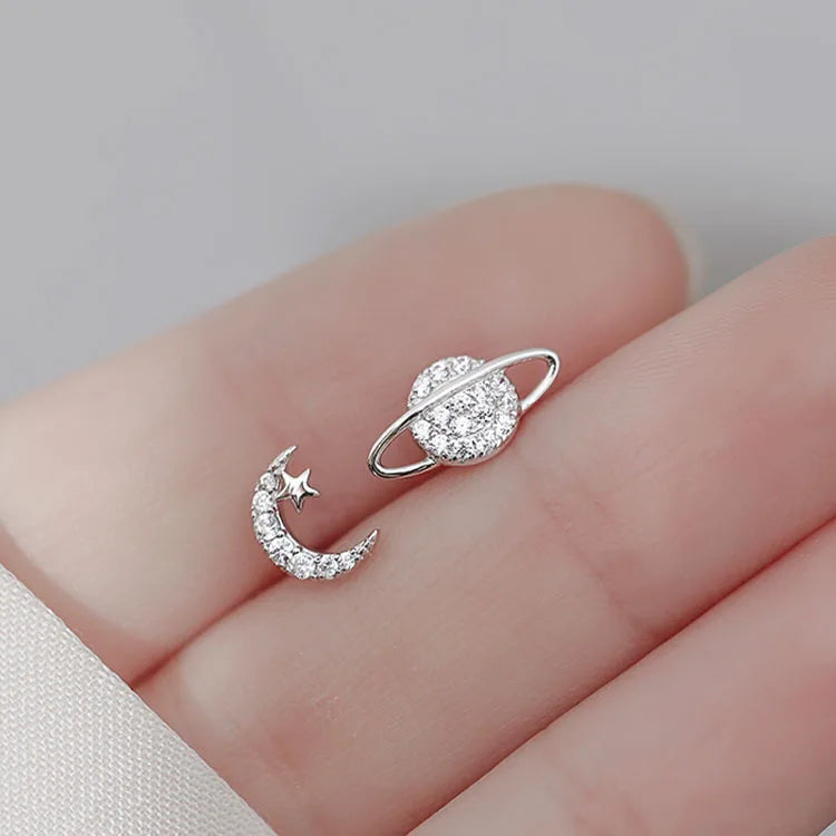Cute Luxury Pure 925 Sterling Silver Crystal Zircon Asymmetrical Planet Moon Star Shape Stud Earrings for Women Girls
