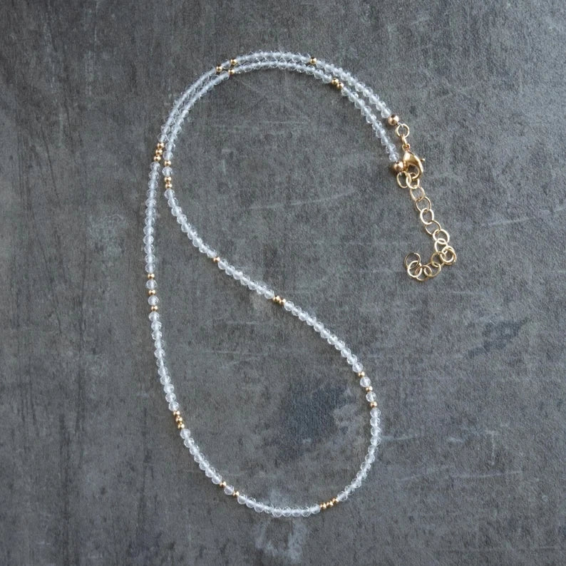 Zooying Dainty Clear Quartz Beaded April Birthstone Crystal Necklaces for Women Jewelry