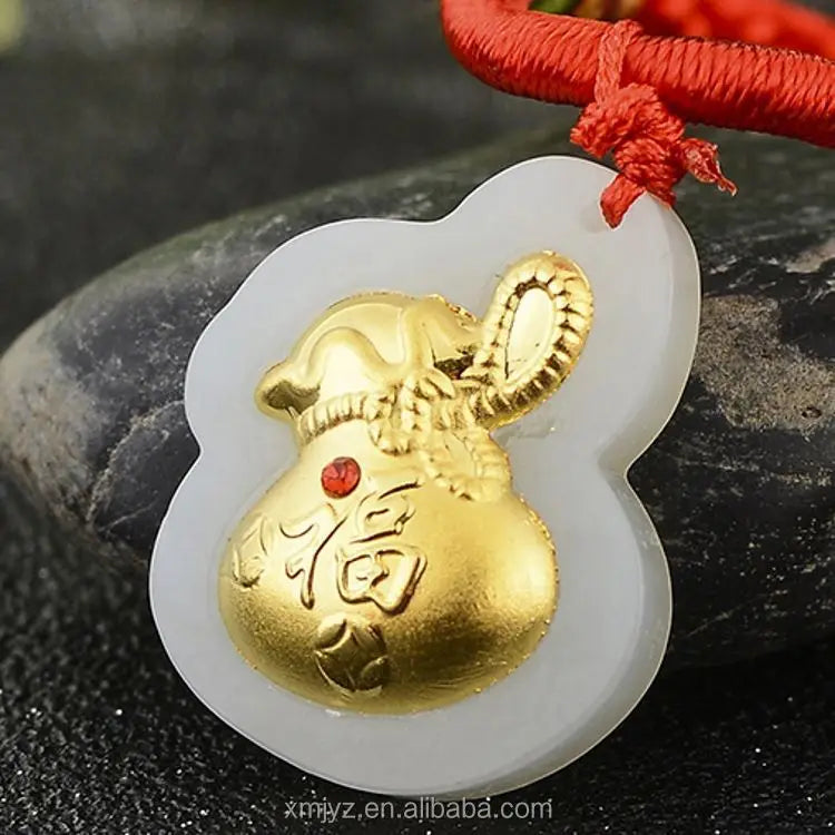 Certified Gold Inlaid Jade 3D Hetian Jade Inlaid Gold Pure Gold Hetian Jade Gemstone Lucky Bag Pendant Gift Factory Direct Sales