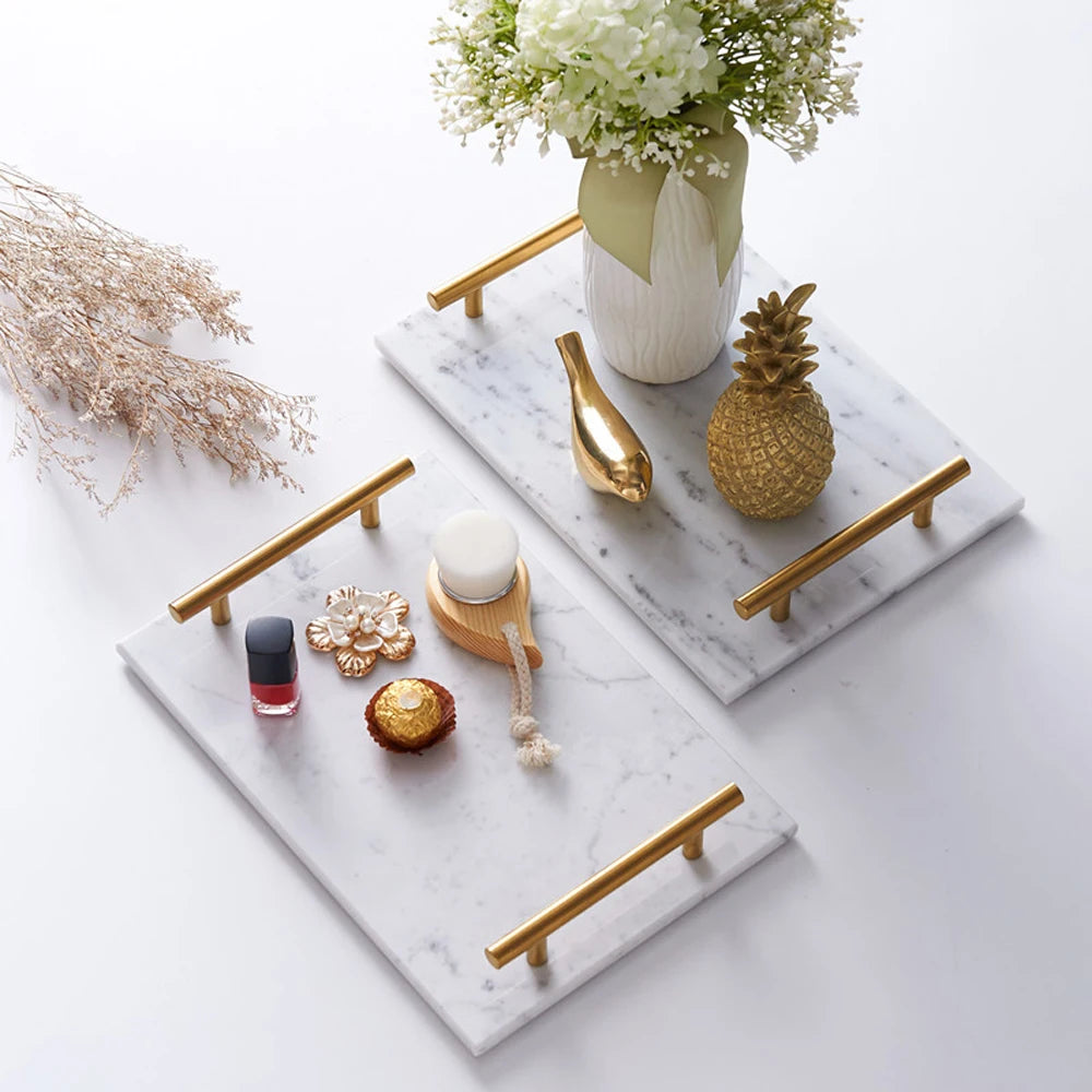 Modern Luxury 20x30cm Rectangle Marble Serving Trays Wholesale Eco-Friendly White Black Green Grey With Gold Handles Engraving