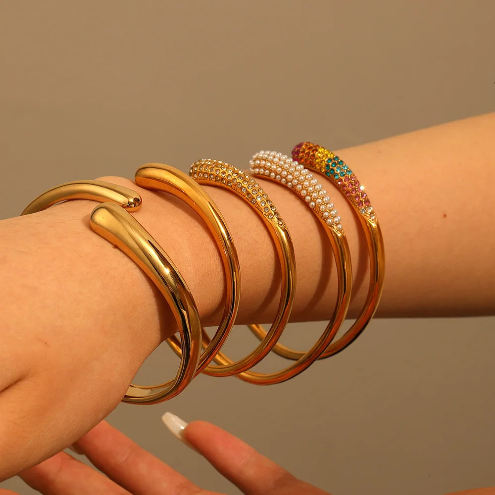 Waterproof PVD 18K Gold Plated Bangles Stainless Steel Zirconia Bracelet Bangle Woman