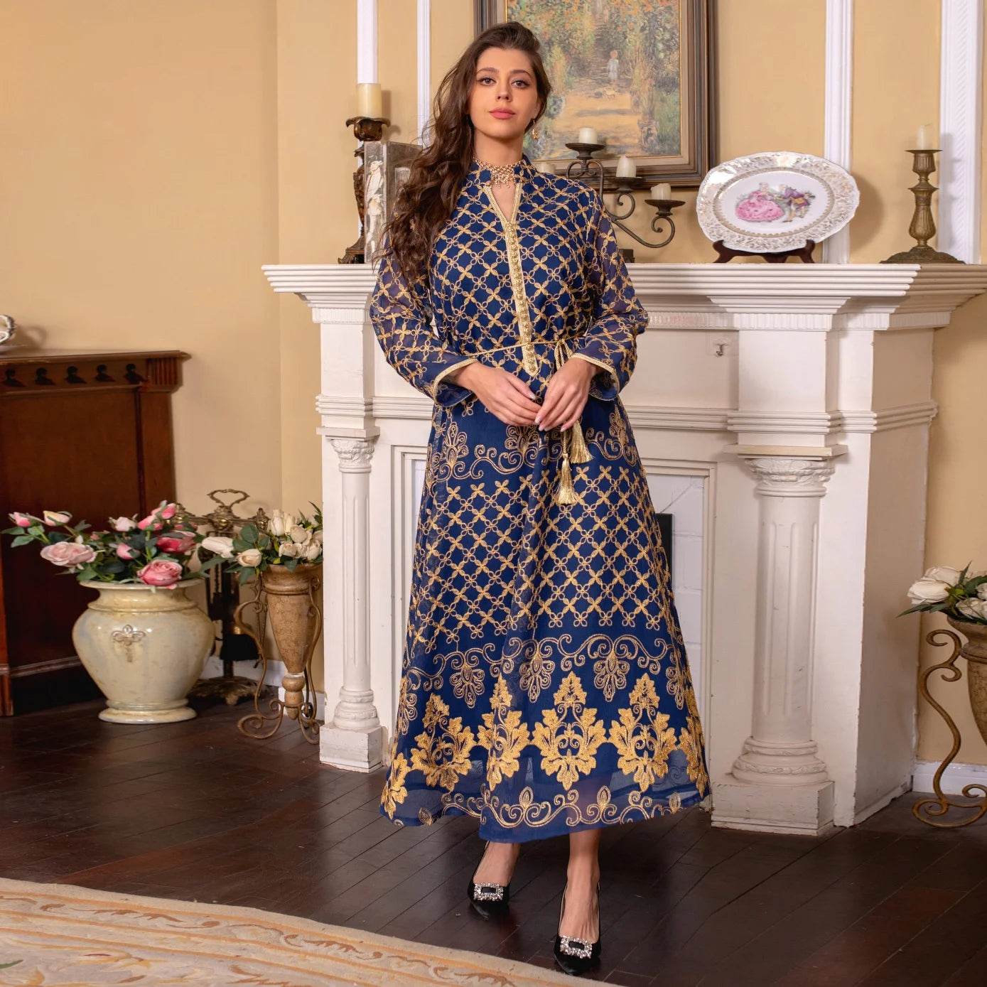 AB276 Foil Stamping  Women Traditional Women's Plus Size Muslim Abaya Dress Islamic Dresses for Women