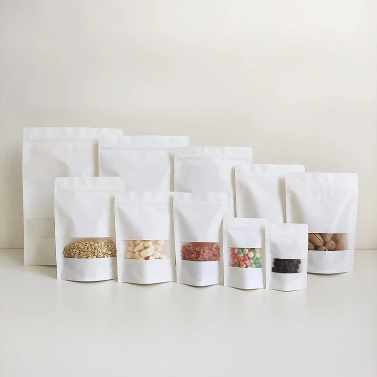 16x23cm Recyclable Zipper White Kraft Paper Bags Instock White Kraft Paper Pouch Stand up Pouch With Window