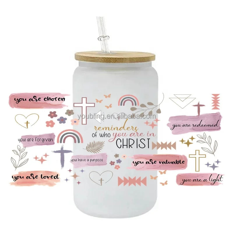 Wholesale Christian Affirmation  You Are Chosen Christ 3D UV DTF  Cup Wrap Transfers  Religious 16oz Libbey Glass Wrap Sticker
