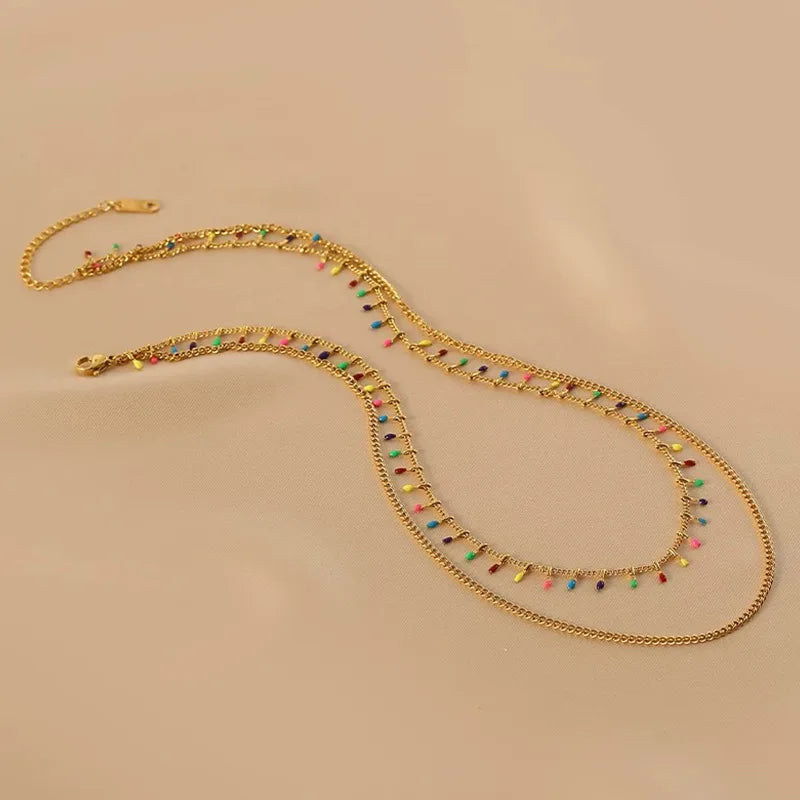 Accessories Stainless Steel 18k Gold Plated with rainbow More Colors Beaded Tassels Charm Layers Layer Choker Layered Necklace