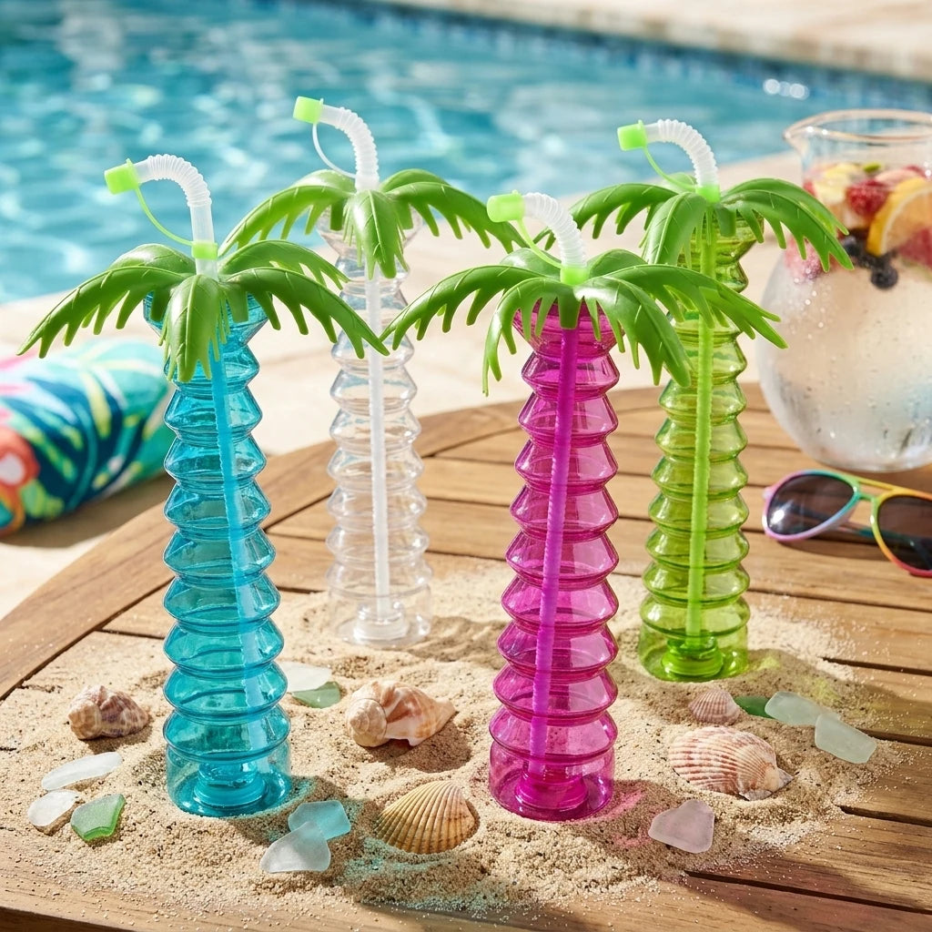 16oz LED Yard Cup Custom Coconut Tree  Plastic Drinking Cup with Straw for Luau Beach Party Tropical Summer Decorations