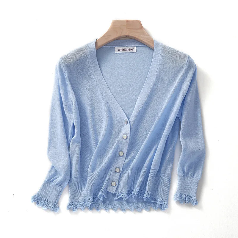 New Cardigan Ice Silk Knit Sweater Women Summer Short Outer Wear Sun Protection Coat Shawl Thin Section Korean Style V Neck
