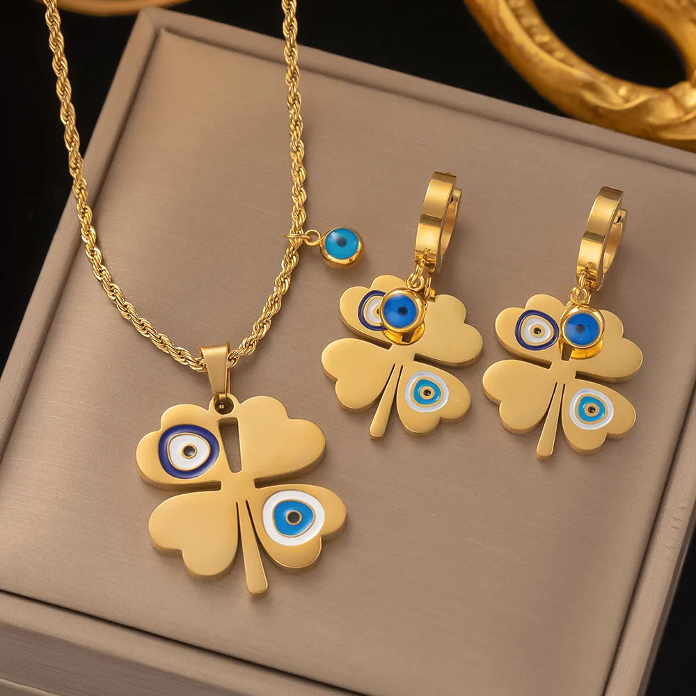 Trendy 3Pcs Set 18k Gold Plated Stainless Steel Blue Eye Four Leaf Clover Jewelry Set for Women