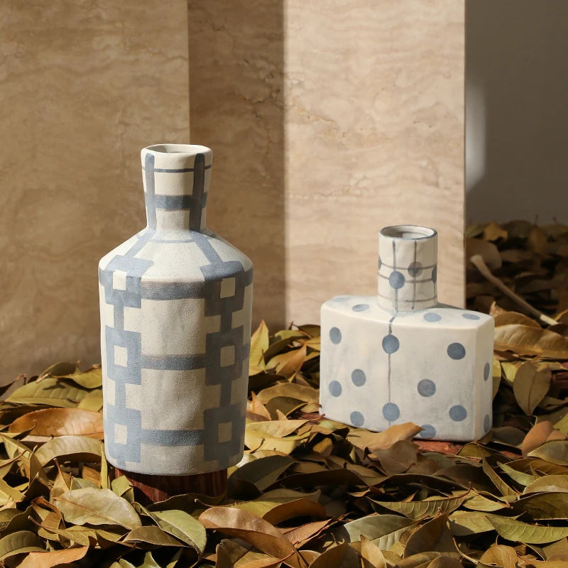 Flolenco Home Decor Rustic Style Blue Ceramic Vase Interior Tabletop Living Room Decorative Flower Vase