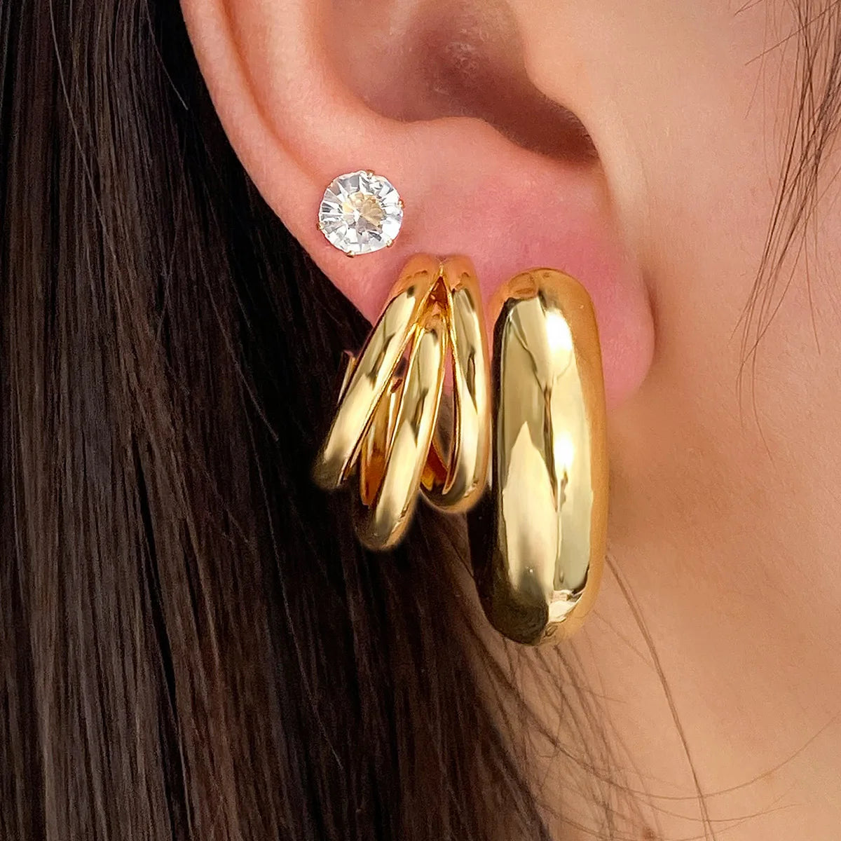 3pcs/set New Trendy Diamond Stud Earrings C Shape Round Chunky Geometric Gold Hoop Earrings Set for Women Jewelry Gift
