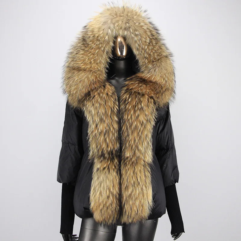 Custom Supplier 2025 Women's Faux Fur Coat with Genuine Fur Trim Goose Down Puffer Coat