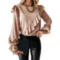 RNSHANGER Fashion Women Round Neck Ruffle Solid Chiffon Shirt Top Casual Loose Long Sleeve Lantern Sleeve Shirt for Women