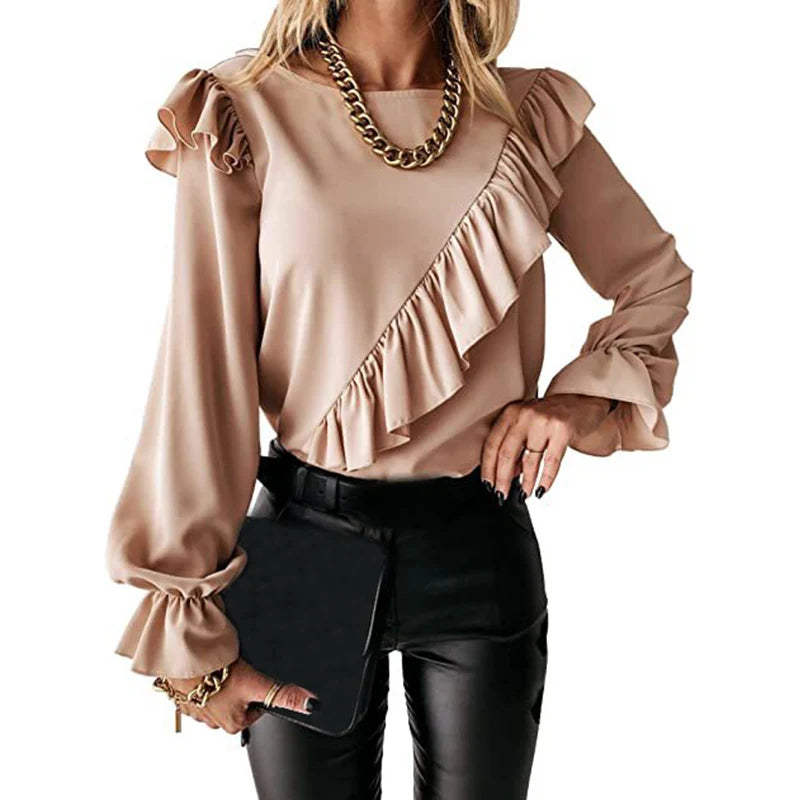 RNSHANGER Fashion Women Round Neck Ruffle Solid Chiffon Shirt Top Casual Loose Long Sleeve Lantern Sleeve Shirt for Women