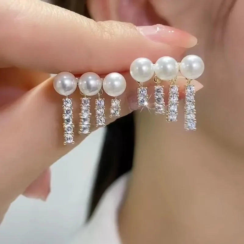 Women's Earrings Newest Cubic Zircon Imitation Gold Plated Earrings Irregular Pearl Tassel Piercing Earring Jewelry