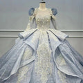 Fashion Vintage Blue Puff Sleeve Ball Gown Evening Women Dress Jancember WN045