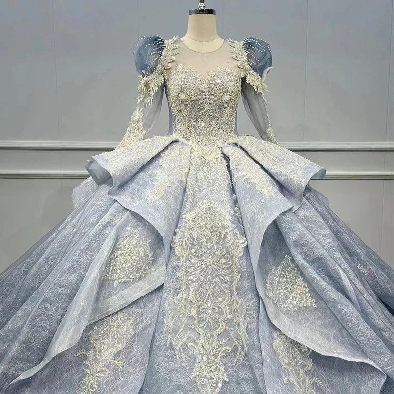 Fashion Vintage Blue Puff Sleeve Ball Gown Evening Women Dress Jancember WN045
