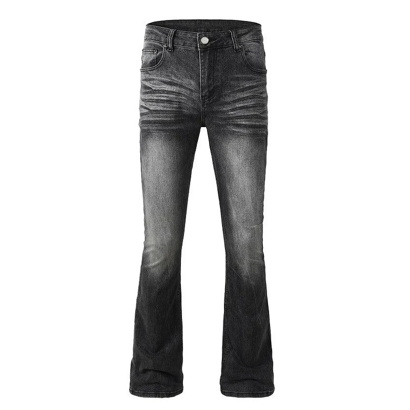 Mens Stacked Flared Jeans Black Vintage Washed Denim Pants Wholesale