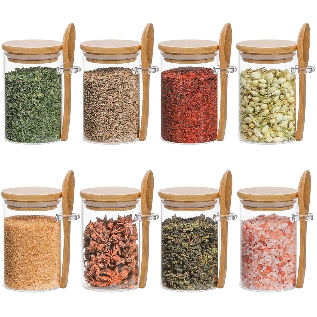 YOLOWE HOME 280ML Glass Canisters Bamboo Lids Spoons Coffee Containers Kitchen Accessories Spice Beans Tea Sugar Food Storage