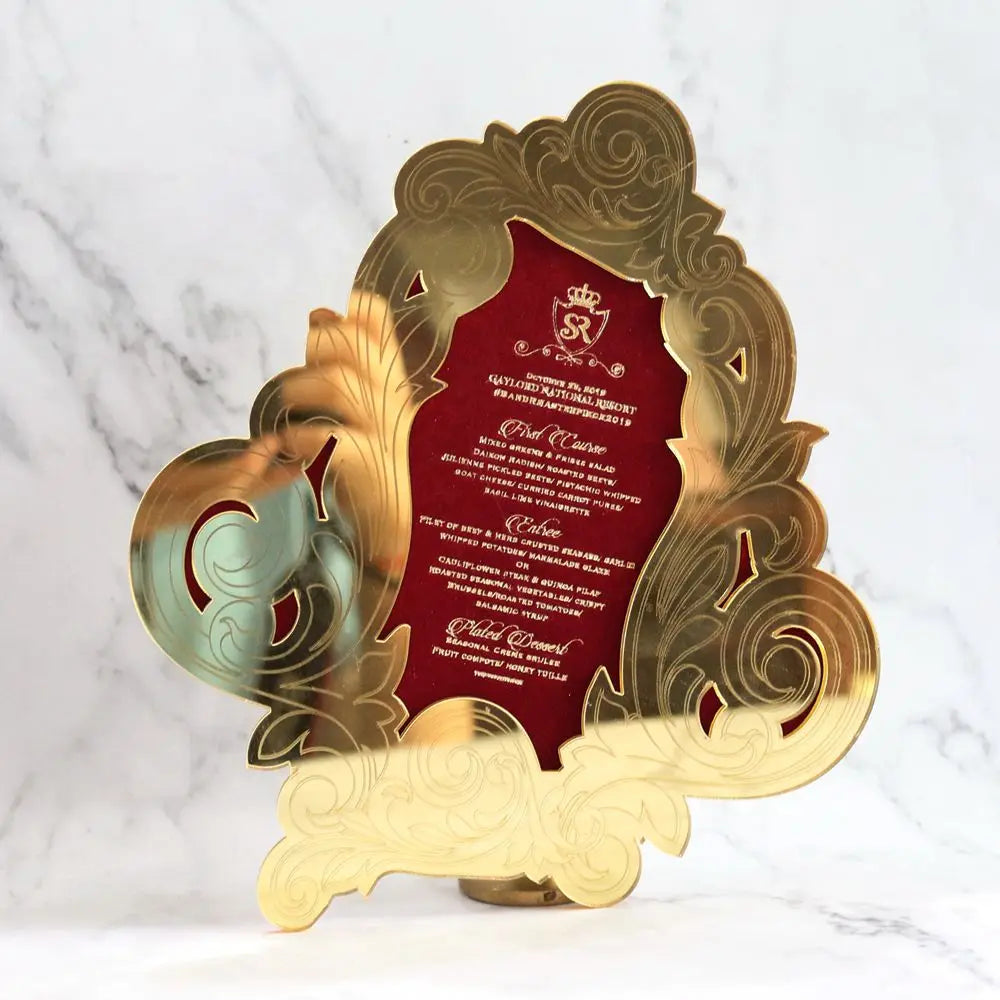 China Manufacturer Laser Cut Mirror Acrylic Edge Frame for Red Velvet Suede Wedding Invitations Menu Cards