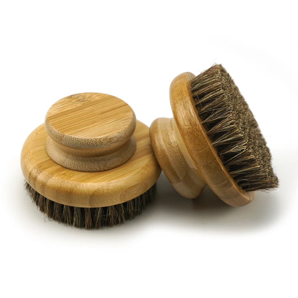 Round Body Brush Natural Wooden and Animal Hair Horse Bristle Dry Body Brush Clean Skin Exfoliation Bath Brush