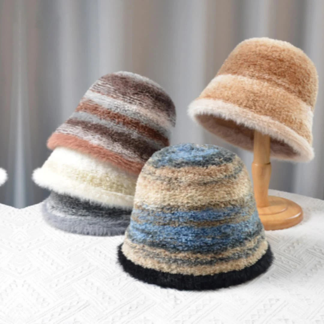 Landfond Accessory Autumn/winter New Style Women's Striped Bucket Hat Fashionable Knitted Bucket Hat