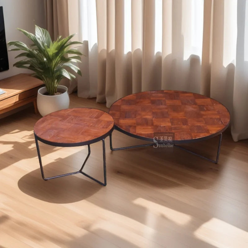 OEM ODM Solid Elm Wood Top Metal Iron Frame Coffee Table Rustic Design Antique Appearance Handmade Living Room Furniture Set