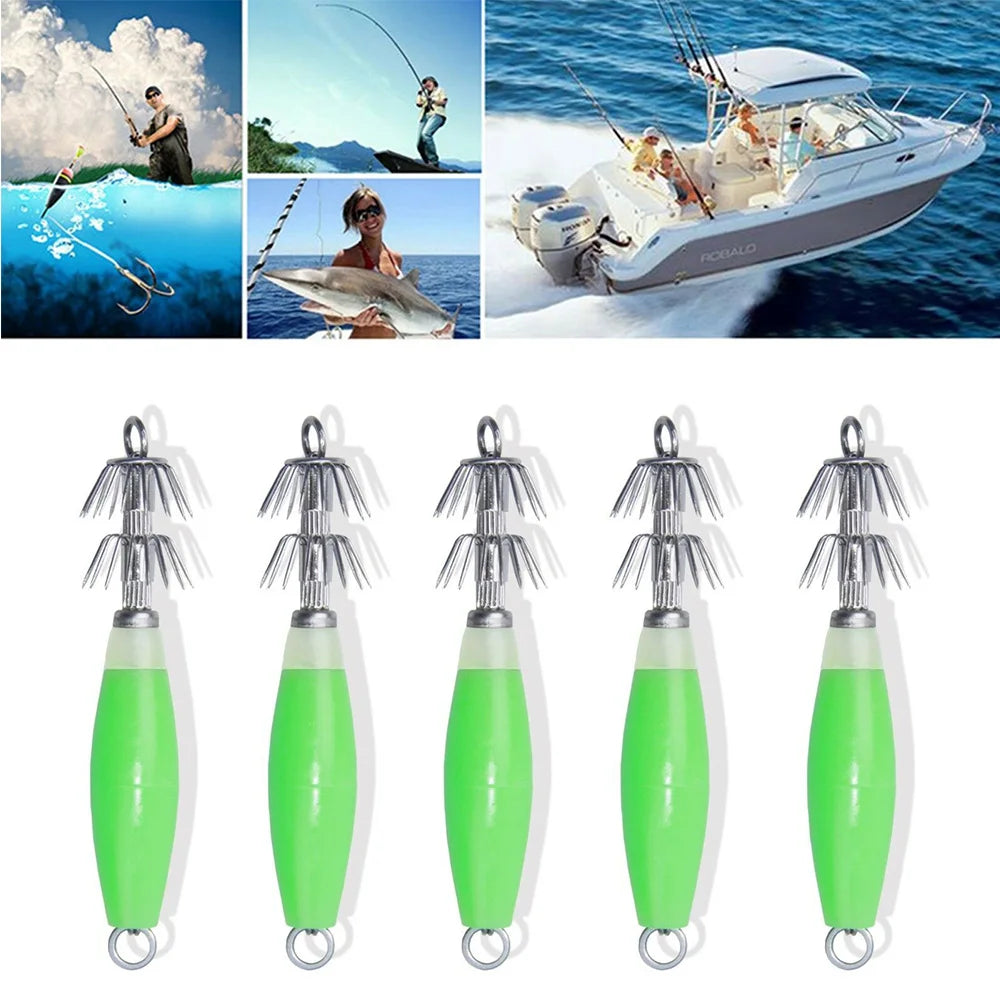 10pcs Luminous Squid Jigs Fishing Lures Green Multi-needle Baits Deep Sea Bass Octopus for Fishing Hook