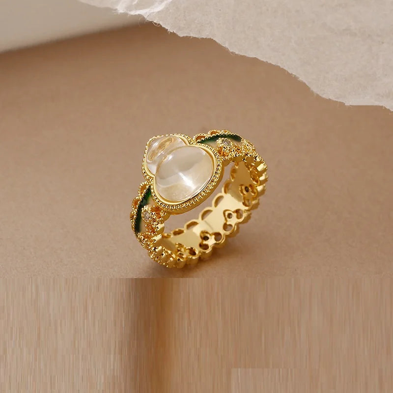 Anillo De Acero Inoxidable Chinese Style Retro Jewelry Exquisite Cute Gourd White Chalcedony Rings Charming Gold Color Ring