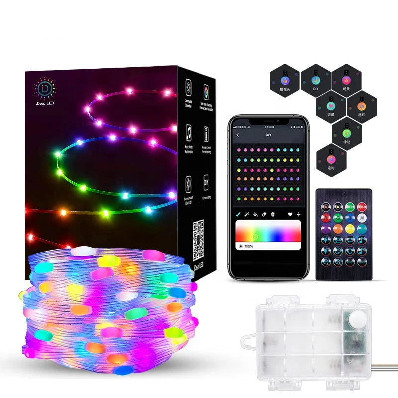 APP Sync LED Christmas String Lights Outdoor Waterproof Battery Operated Color Changing Garden Camping Atmosphere Decoration