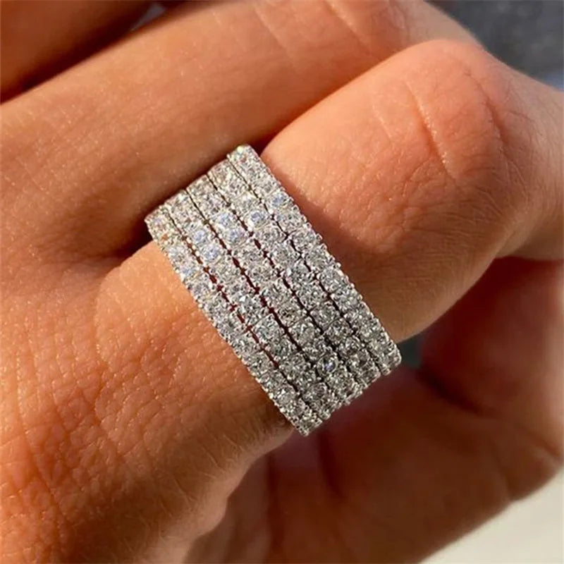 Luxury Silver Plated Full 5 Rows CZ Zirconia Engagement Rings Jewelry 11mm Wide Bling Micro 3A Zircon Rings for Women