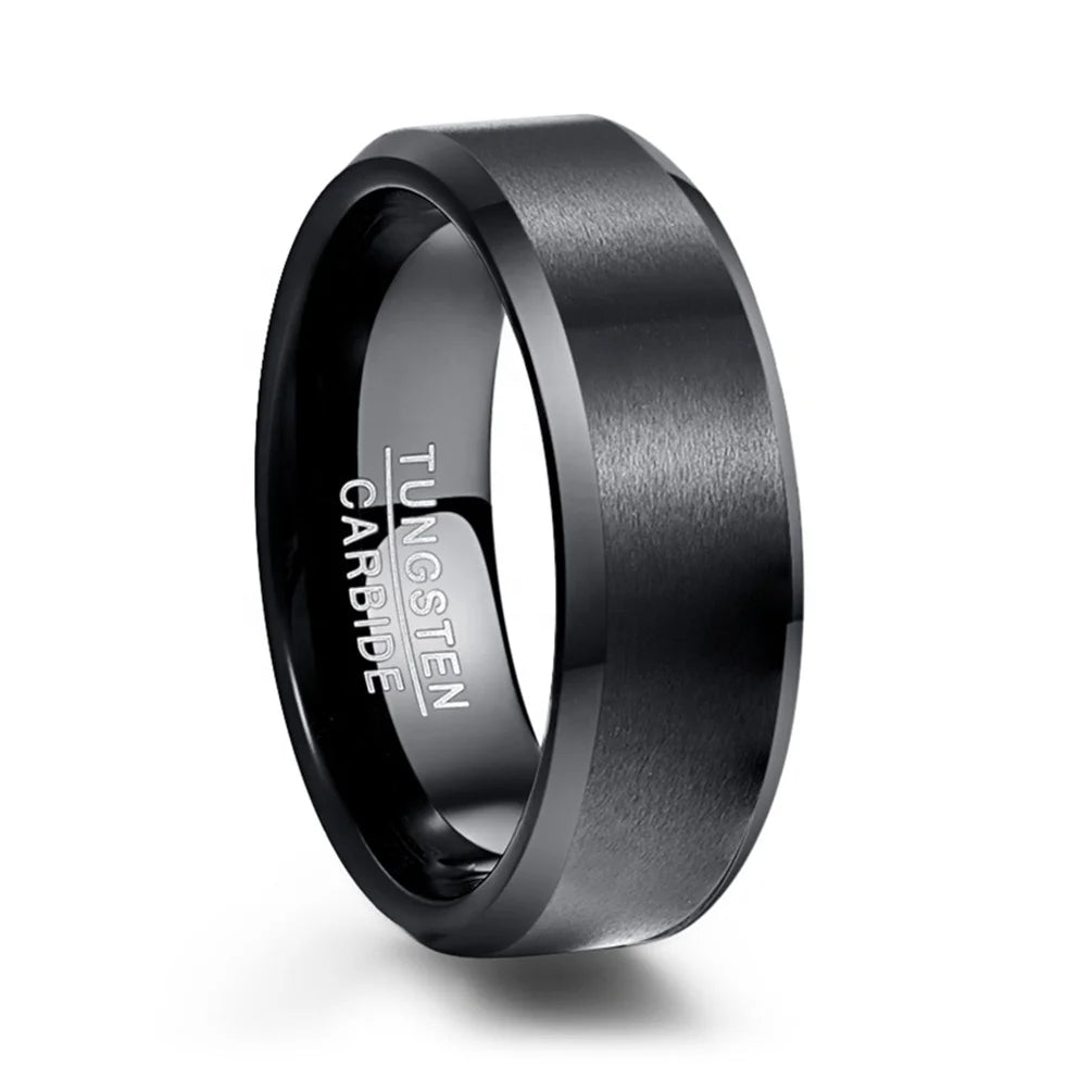 Alin China Wholesale Black Brushed Tungsten Carbide Wedding Rings Bevel Edge Polished for Mens Comfort Fit