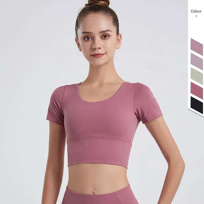 Wholesale Custom Nylon Yoga Sports Bras Quick Dry Crop Top Active Plus Size Short Sleeve Sexy Women's Fitness Clothing Knitted