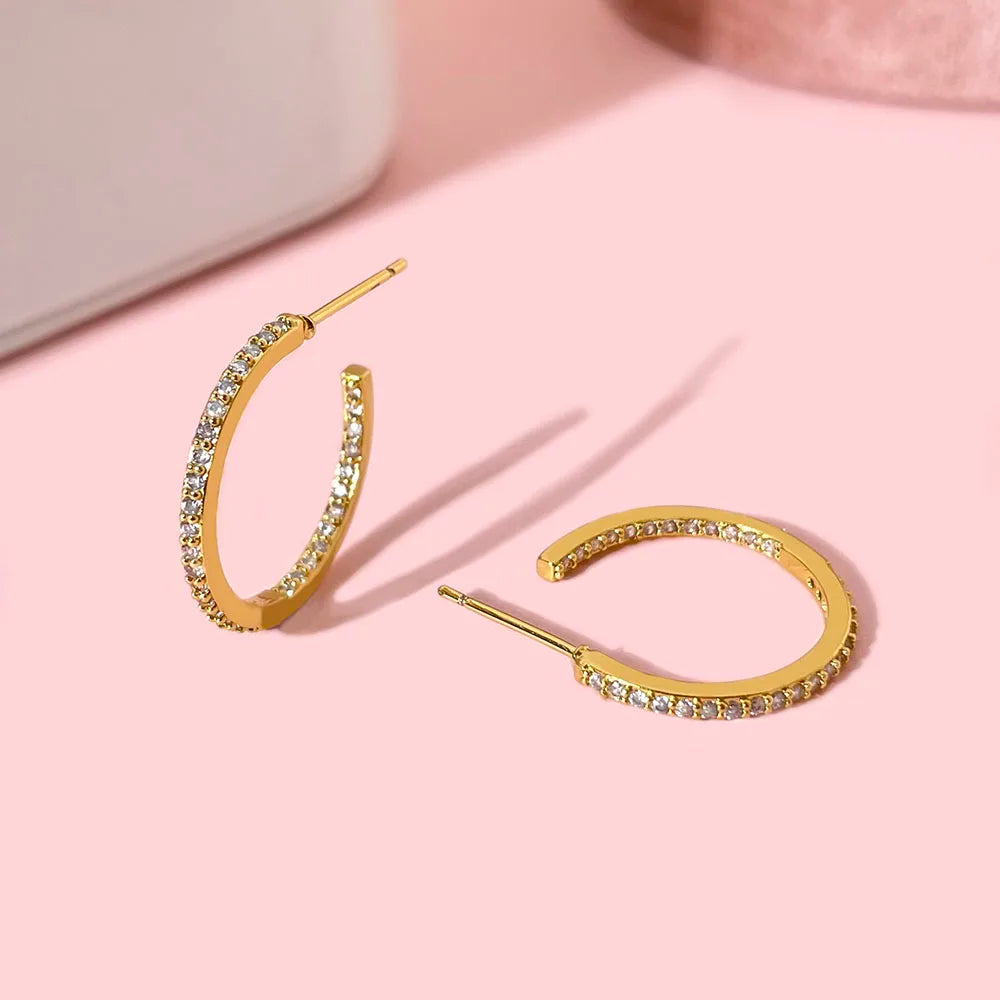 Simple Design 18K Gold Plated Waterproof Chunky Pave Cubic Zirconia Hoop Earrings Women