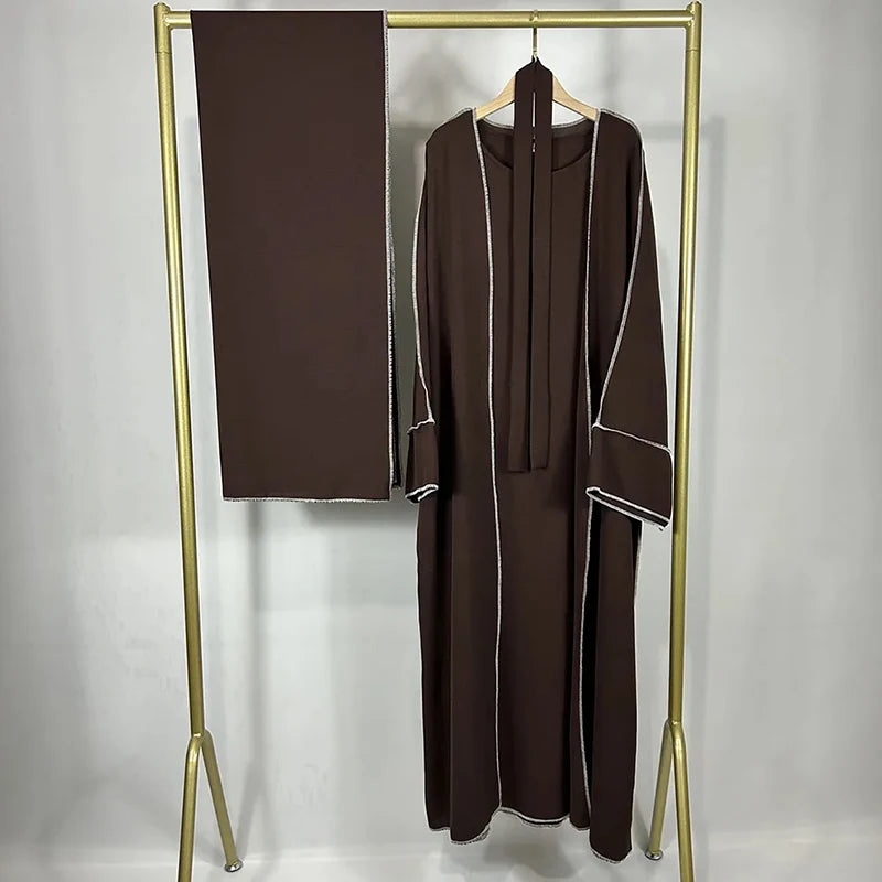 3 Pieces Abaya Set Ramadan Eid Jazz Crepe Kimono Inner Dress Hijab With Free Belt Islamic Clothing Dress for Muslim Women